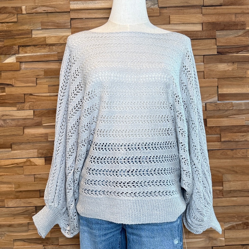 Doe & Rae | Light Blue | Crochet | Dolman Sleeve | Boat Neckline |Sweater